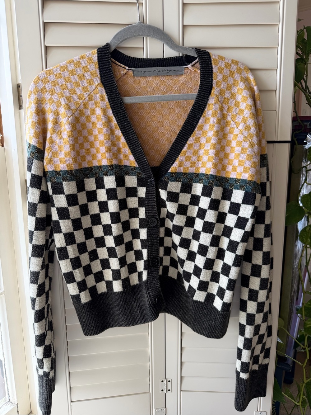 Cotton Cashmere Checkerboard Knit Cardigan Sweater